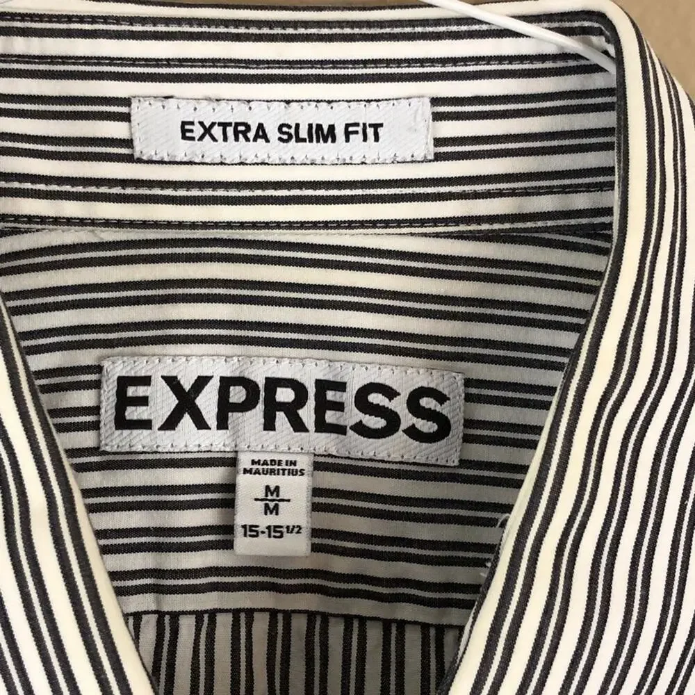 Men's Express Extra Slim Fit Black White Stripe Long Sleeve Button Front Shirt